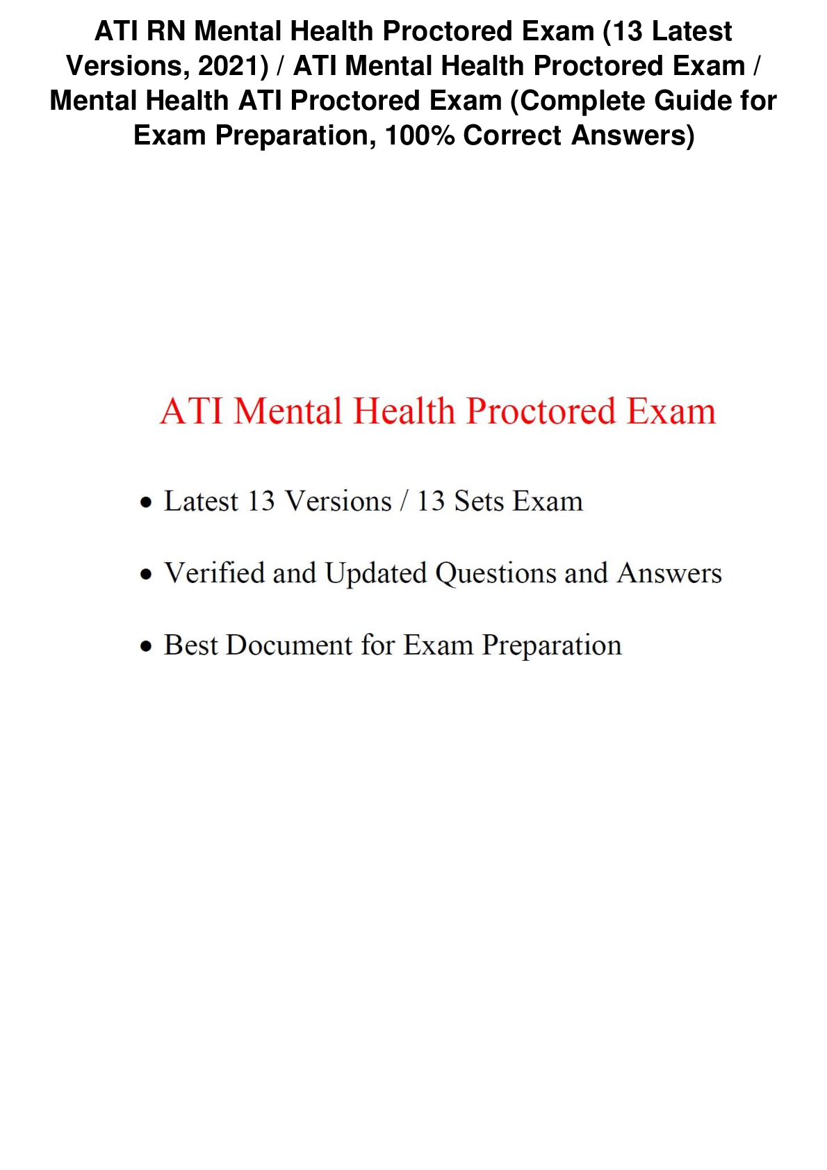 Preview image for ATI RN Mental Health Proctored Exam (13 Latest Versions, 2021) Mental Health ATI Proctored Exam (Complete Guide for Exam Preparation, 100% Correct Answers)